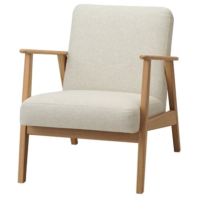 Mid-century chair: light gray fabric, light wood frame, square shape, armrests.