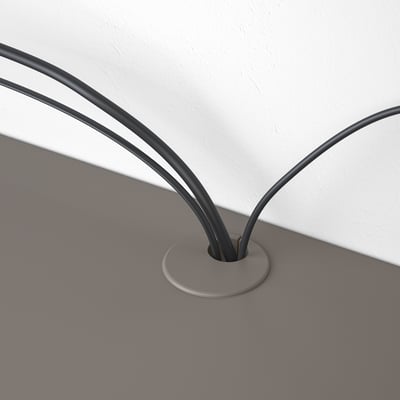 Gray EKET cable management shelf, wall-mountable, showing streamlined design with neat cable routing.