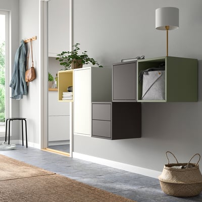 EKET storage units in white, green, grey, with open/closed compartments and adjustable shelves.