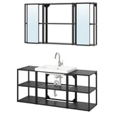Modern black metal bathroom vanity with shelves and rectangular sink, topped with large wall-mounted mirror.