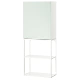 A white ikea ENHET storage unit with glass doors and open shelves, offering a blend of open and closed storage.