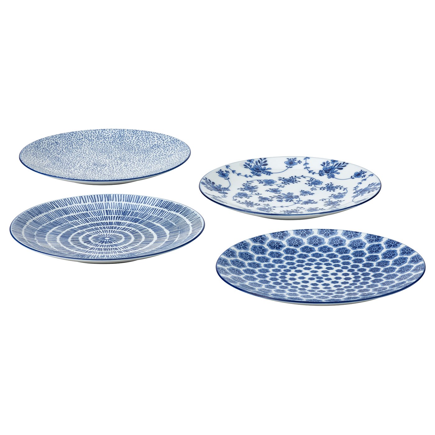 Four blue and white patterned plates, square arrangement: floral, geometric, swirls. Feldspar porcelain, round shape.