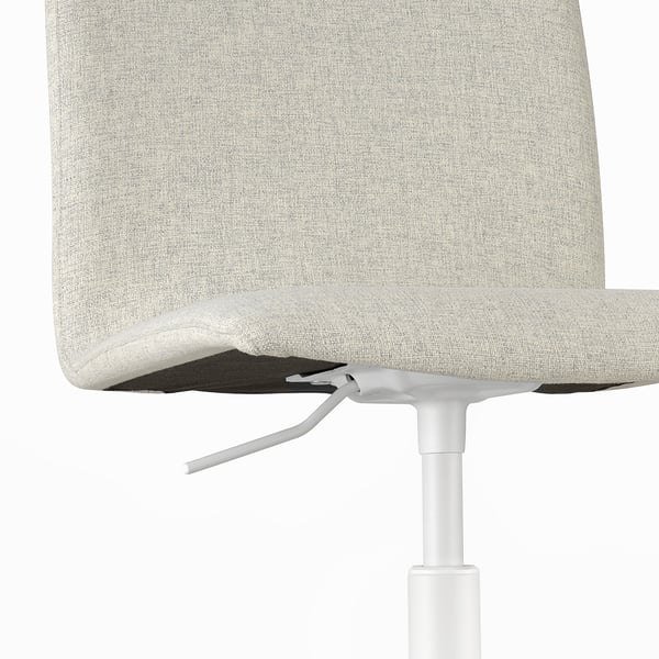 A modern office chair with a light grey fabric seat and adjustable armrests.