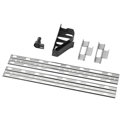 ERSÄTTARE, various hardware parts: black plastic, silver metal, rectangular shapes, assorted fasteners.