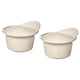 Two white ceramic bowls with lids. Round shape, smooth finish. Ideal for baking or serving.