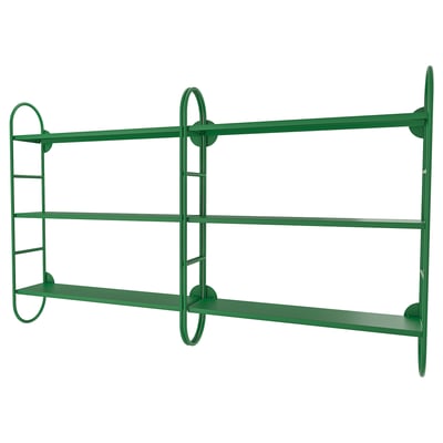Green metal wall shelf, minimalist design with three tiers, rounded corners.