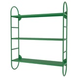 Green FÄRGSÄTTARE wall shelf, 3-tiered metal design with wire sides.