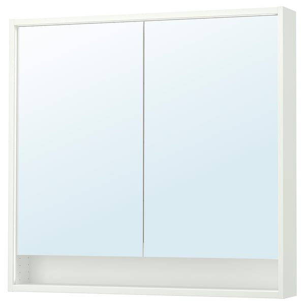 Depicts a white FAXÄLVEN mirror cabinet with built-in lighting, two doors, and an open shelf underneath.
