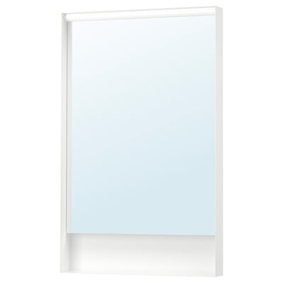 A modern white FAXÄLVEN mirror with a lit frame, designed to illuminate the surrounding area without casting shadows.