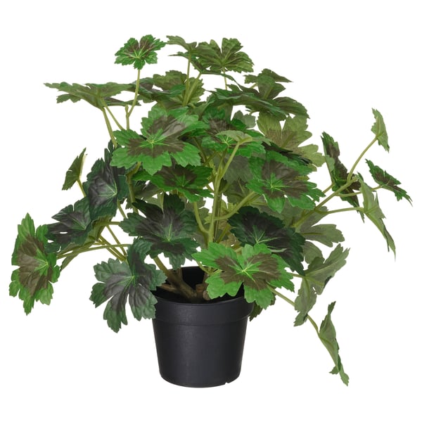 Black potted artificial plant with green leaves. Realistic design, made from recycled plastic.