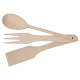 FILBUNKE wooden utensils: spoon, fork, spatula; natural beech, simple design.