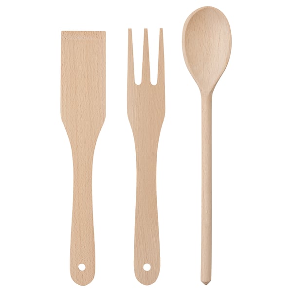 Wooden cooking utensils set: spatula, fork, spoon. Natural beech color. Rounded handles, non-stick safe.