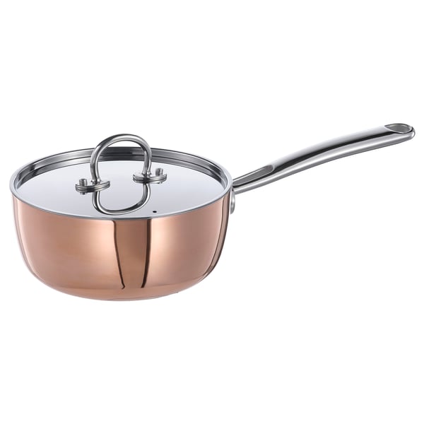 FINMAT copper saucepan with stainless steel lid, round shape, tactile design for even heat transfer, elegant kitchen tool.