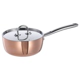 FINMAT copper saucepan with stainless steel lid, round shape, tactile design for even heat transfer, elegant kitchen tool.