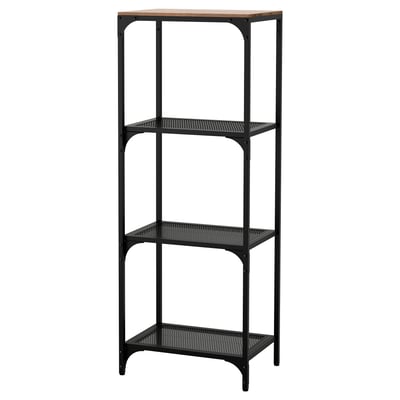 Black FJÄLLBO shelving unit with 3 metal shelves and wooden top, industrial style.