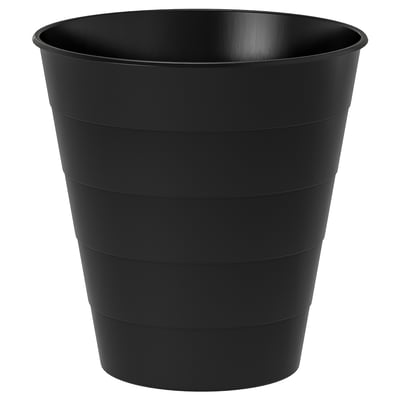 A black FNISS trash bin made of durable recycled plastic, with a simple, smooth, rounded shape.