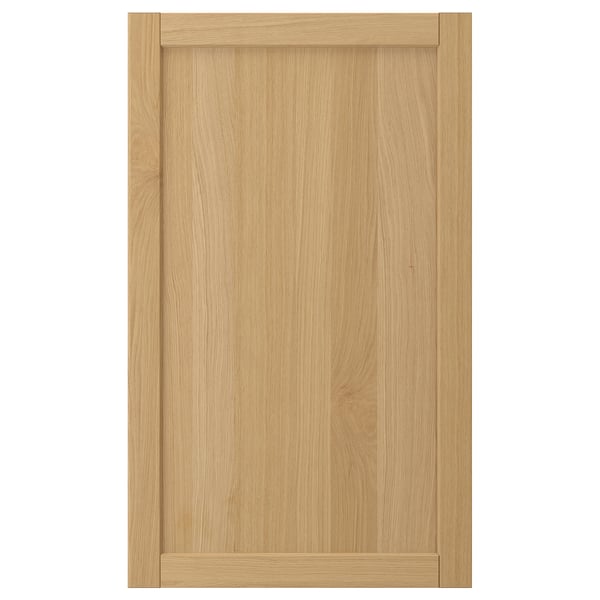 Natural wood cabinet door with beveled edges.