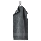 A hanging FREDRIKSJÖN towel in dark gray, made of 100% cotton, with a textured surface and decorative border.