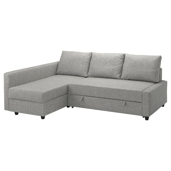 A light gray FRIHETEN sectional sofa-bed with chaise lounge, featuring a modern design and storage space.