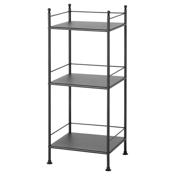 Frosjon 3-shelf black metal bathroom storage unit with square shelves.
