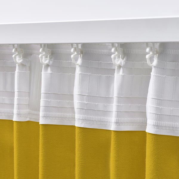 Curtains: yellow & white, hooked, control light, privacy, vibrant look