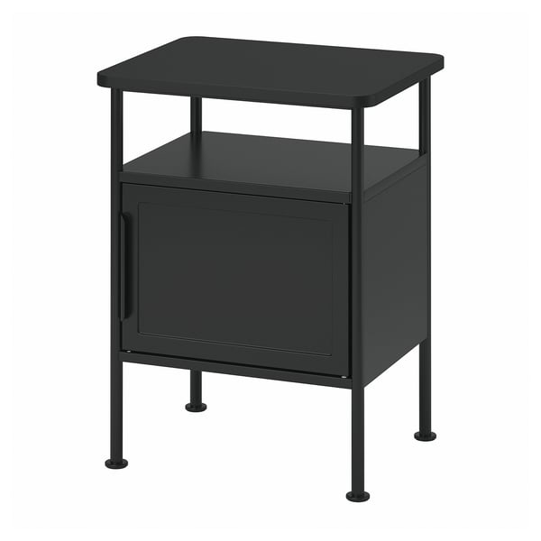 Black GRÅFJÄLLET bedside table with metal frame, two shelves, and a cabinet door, combining industrial and clean line design.