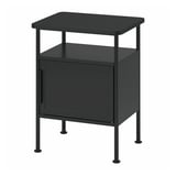 Black GRÅFJÄLLET bedside table with metal frame, two shelves, and a cabinet door, combining industrial and clean line design.