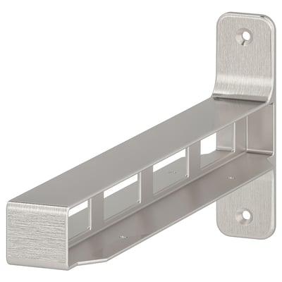 A nickel-plated aluminum shelf support bracket, featuring a sleek, compact design. It has holes for wall mounting and slots for joining shelves.