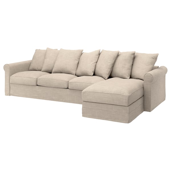 Beige l-shaped GRÖNLID sofa with soft cushions and rolled armrest in cotton/polyester blend.