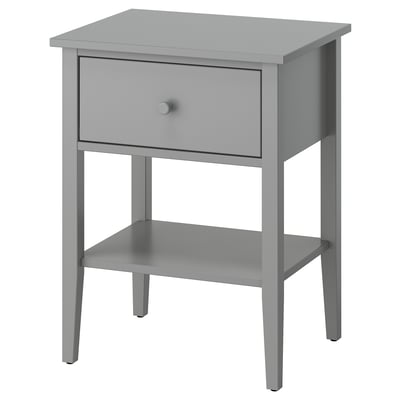 Grey GULLABERG bedside table, single drawer, wood, four tapered legs, simple design.