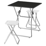 A GUNDE folding table set. It includes a black table and two white stools. The metal frames are silver for durability and easy storage.