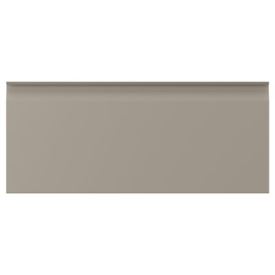 Beige cabinet with chamfered edges and aluminum handles, particleboard, minimalist.