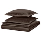 Dark brown bedding set, including duvet and pillowcases, arranged neatly, made of cotton.