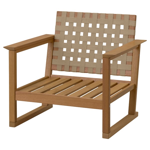The HATTHOLMEN chair a woven beige seat, wooden arms, and back in a natural color.