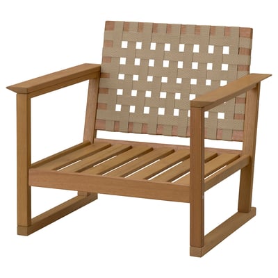 The HATTHOLMEN chair a woven beige seat, wooden arms, and back in a natural color.