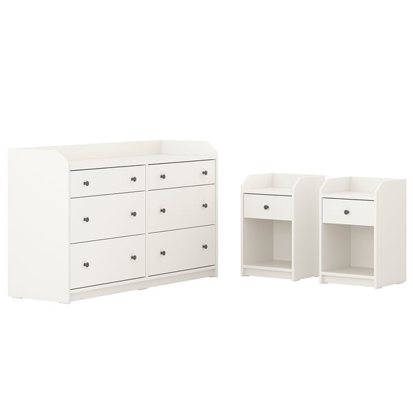 HAUGA bedroom set with dresser and bedside tables for easy storage.