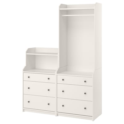 HAUGA white furniture set: 3-drawer dresser, shelving, tall wardrobe with hanging rail. Modern, minimalist design for organized storage.
