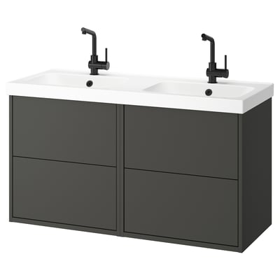 A modern double bathroom vanity in dark grey with two sinks and black faucets.