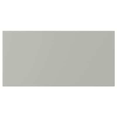 A grey rectangular kitchen cabinet door. It has clean lines and smooth surface, made of acrylic painted fibreboard.