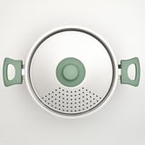 Modern pan with green handles and lid; non-stick, even heat distribution.