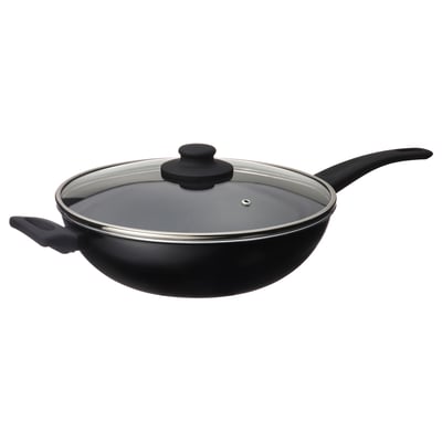 HEMLAGAD black wok: non-stick, glass lid, sturdy handles, even heat distribution.