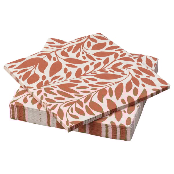 Stack of HÖSTAGILLE orange leaf-pattern paper napkins, three-ply, rectangular shape.