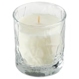 HÖSTAGILLE clear glass candle. White wax, wood wick. Round, wavy design.