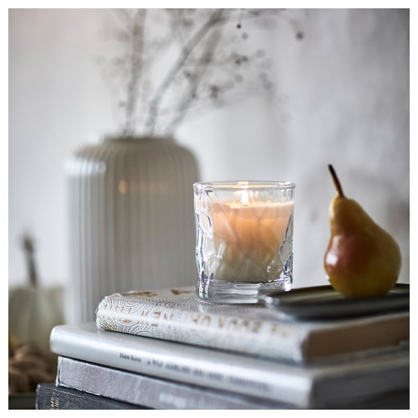 HÖSTAGILLE Scented candle in glass, Pear clear glass, 35 hr
