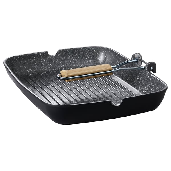 Black rectangular grill pan, non-stick, with wooden tongs, thick base, comfortable handle.