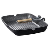 Black rectangular grill pan, non-stick, with wooden tongs, thick base, comfortable handle.