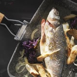 Pan cooks fish with veggies; non-stick ceramic coating, even heat distribution.