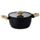 Option: Black saucepan with wooden handles and lid, sol-gel ceramic non-stick coating, sturdy design.