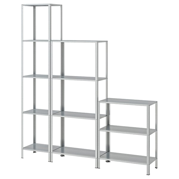 Galvanized steel HYLLIS shelves, multi-tiered, empty.