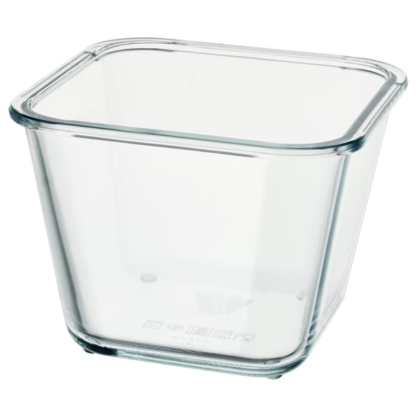 An empty, clear glass food container from IKEA 365+. It is square-shaped with smooth edges and a transparent design.